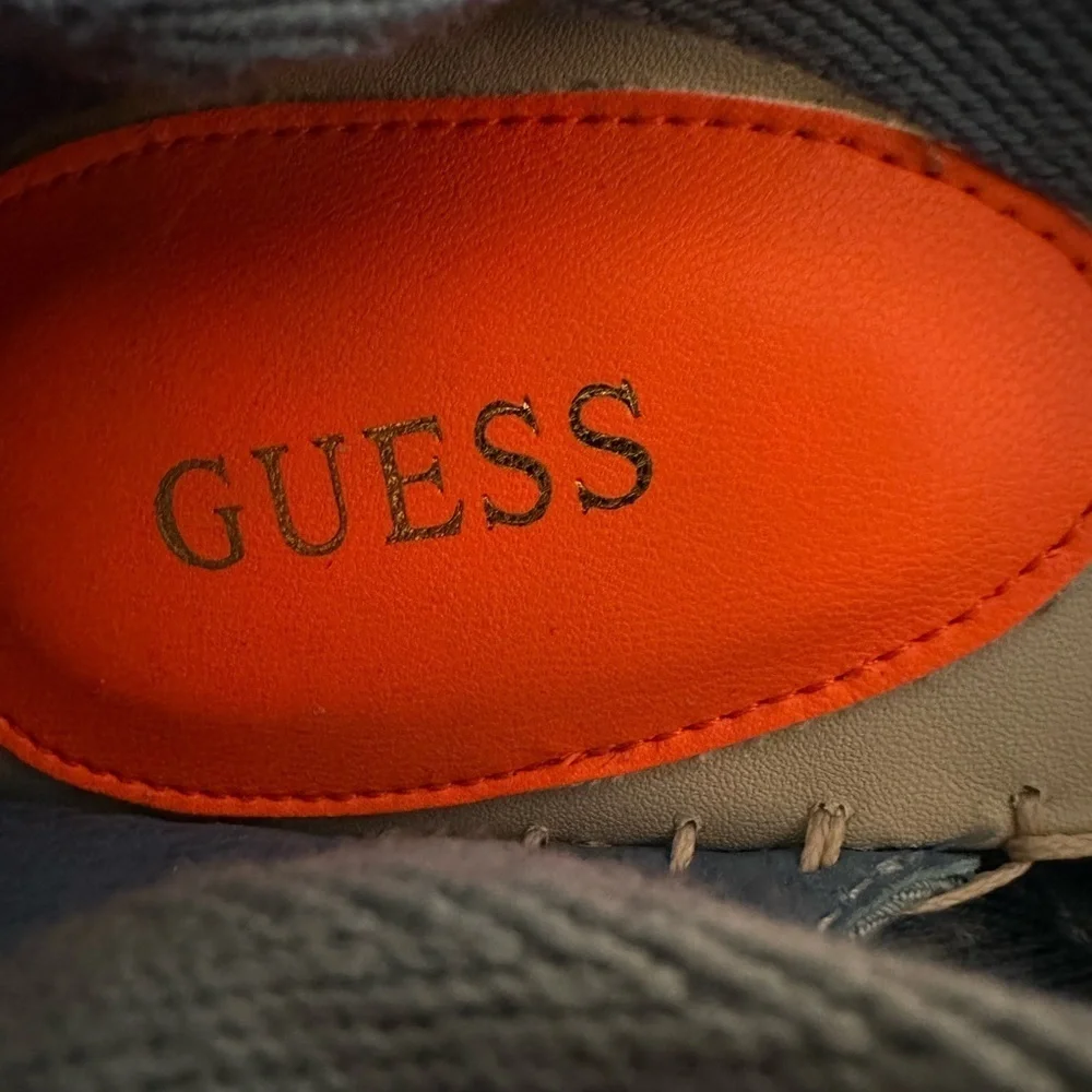 Guess Women's Jalene Tie Up Flat Espadrilles Denim Orange Nautical Print